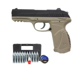 Pistola de Pressão Gamo PT85 4.5 CO2 Blowback Desert + Chumbinho Rifle + CO2 Gamo + Case + Óleo