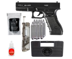 Pistola Glock G17 NBB 4.5mm + Speedloader + Óleo Silicone + 10 Cilindros Co2 + Maleta Rígida