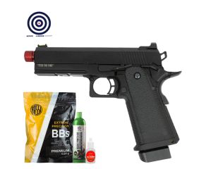 Airsoft GBB 1911 Black Whisper Blowback Full Metal TAG + Green Gas + BBs 0.20 + Oleo + Alvos