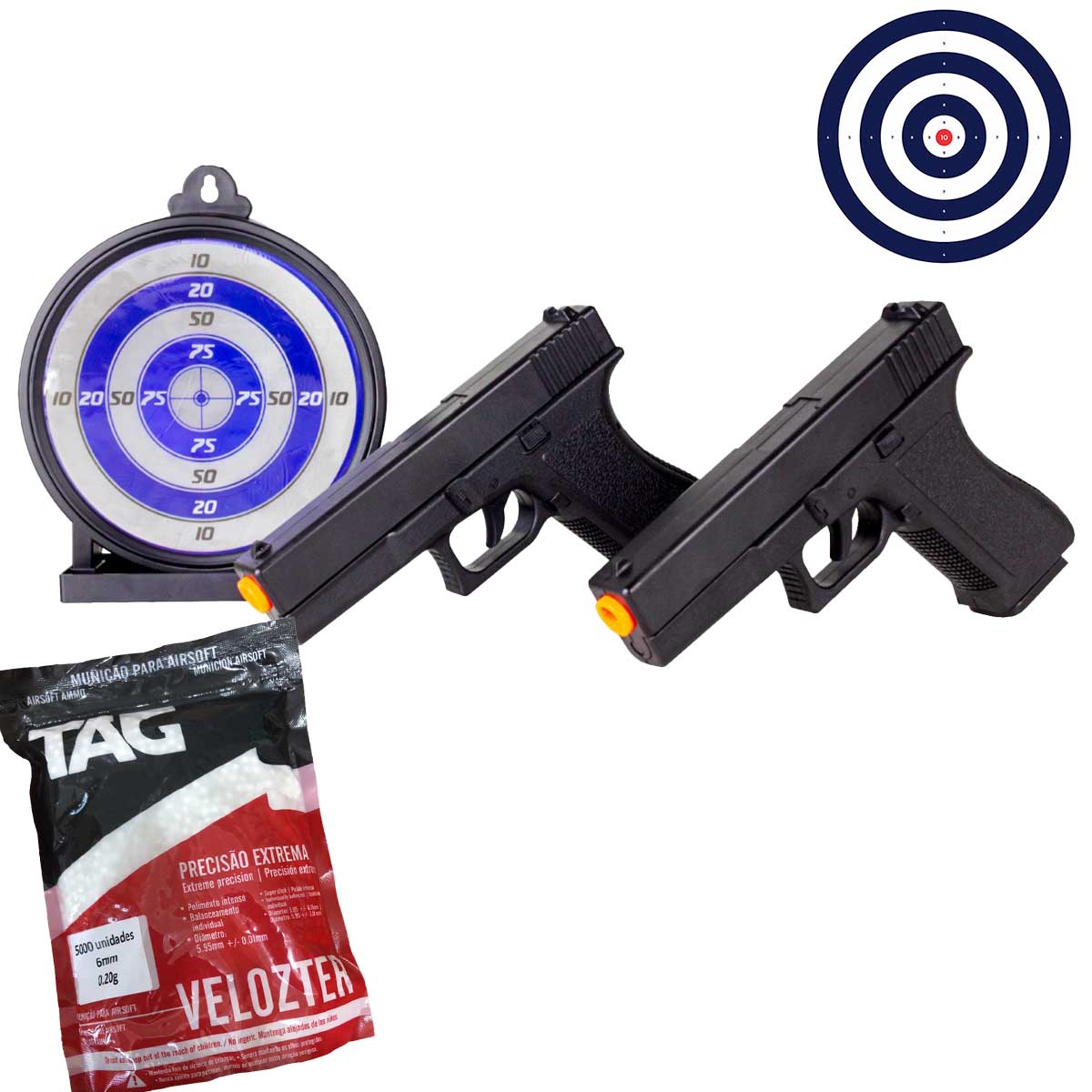 Kit 2 Pistolas Spring GK V307 6mm e Alvo Gel + BBs 0.20g + Alvos