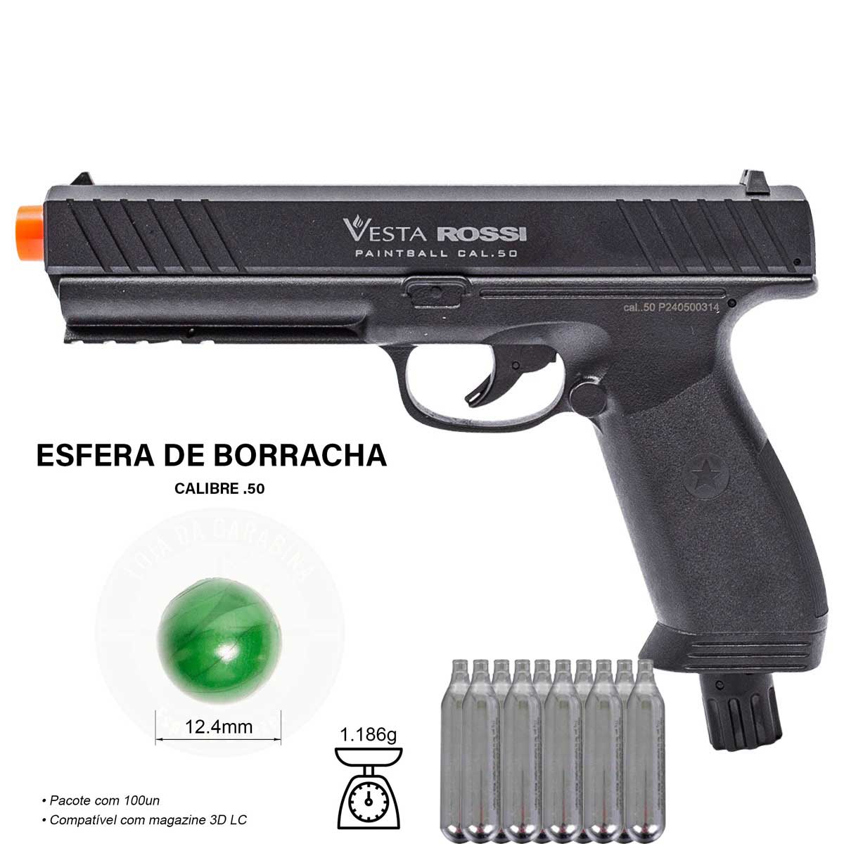 Pistola .50 CO2 Vesta PDW50 Defense Rossi Paintball + 300Un Esfera de Borracha + Case de Armas Curta
