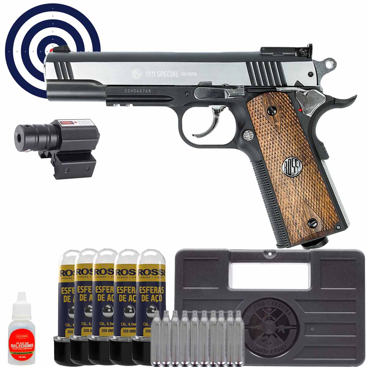 Pistola 1911 Combat Rossi CO2 4.5mm Full Metal Capa Mira Laser