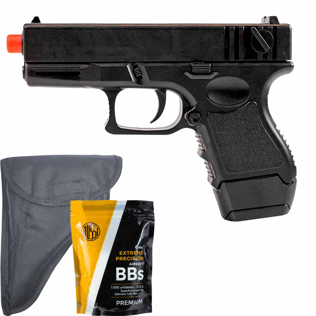 Pistola Airsoft Glock Spring VG GK Short V45 Rossi 6mm + 1000Un BBs + Capa
