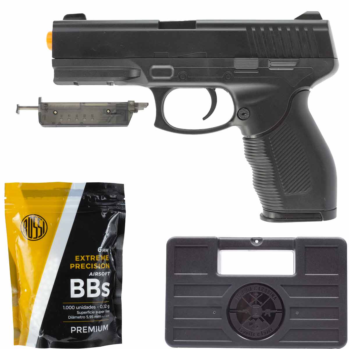 Pistola Airsoft Spring 24/7 V310 + BBs Rossi + Capa Simples QGK