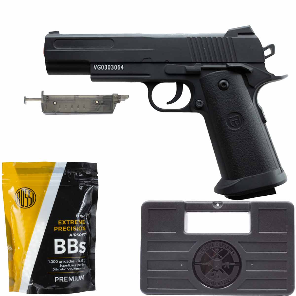 Pistola Airsoft Spring 1911 V18 Vigor + Speedloader + BB's 0.12g Rossi + Capa Rossi
