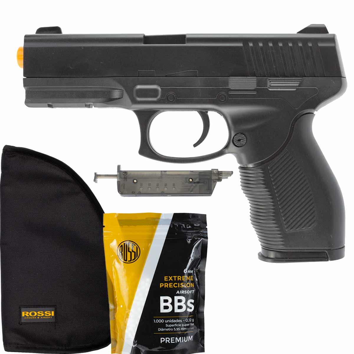 Pistola Airsoft Spring 24/7 V310 + Speed Loader + BBs Rossi + Capa Simples QGK