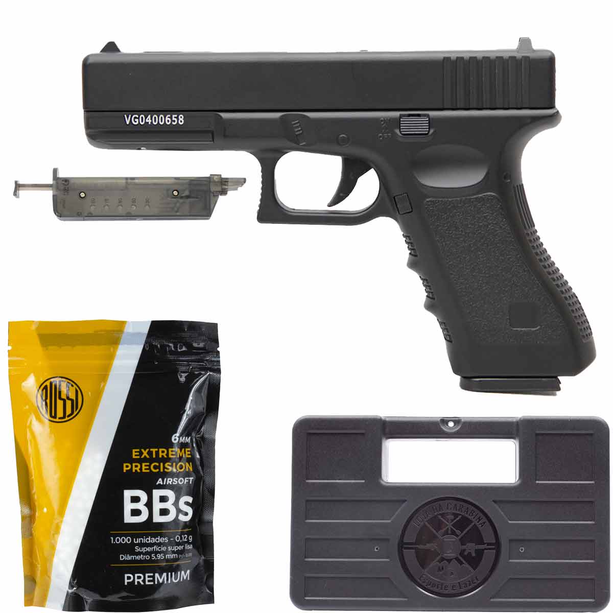 Pistola Airsoft Spring Full Metal Glock GK-V20 6mm + Speed Loader + BBs + Capa