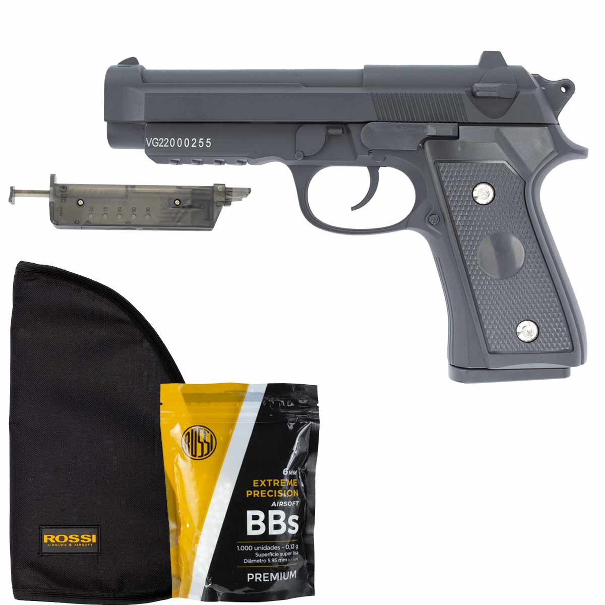 Pistola Airsoft Spring PT92 V22 Vigor 6mm + Speedloader + BBs 0.12g 2000 un Rossi + Capa Rossi