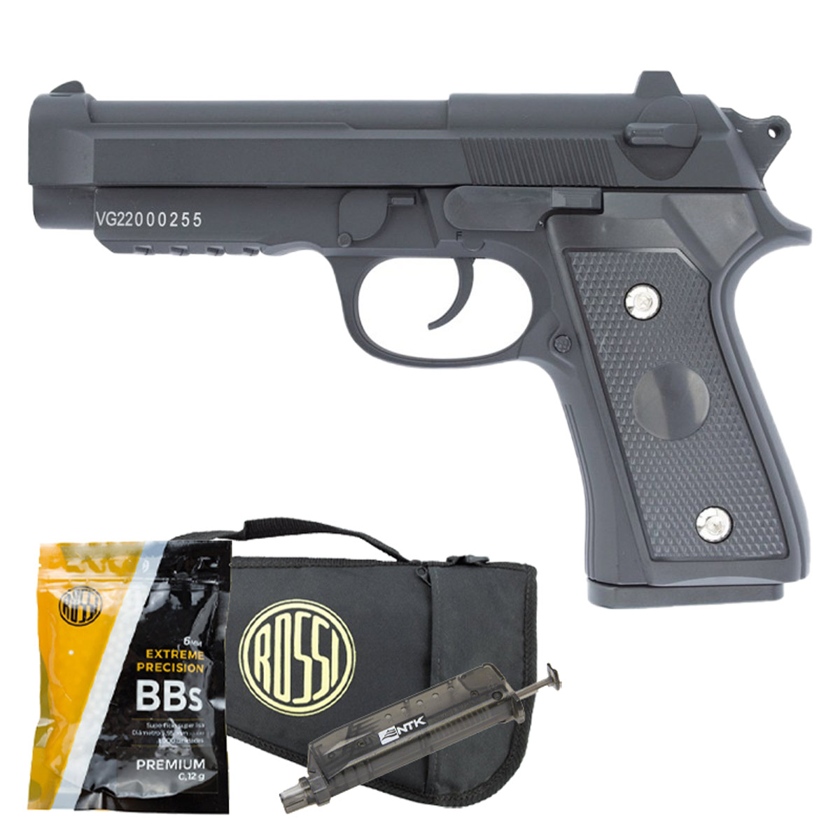Pistola Airsoft Spring PT92 V22 Vigor 6mm + Speedloader + BB's 0.12g Rossi + Capa Rossi