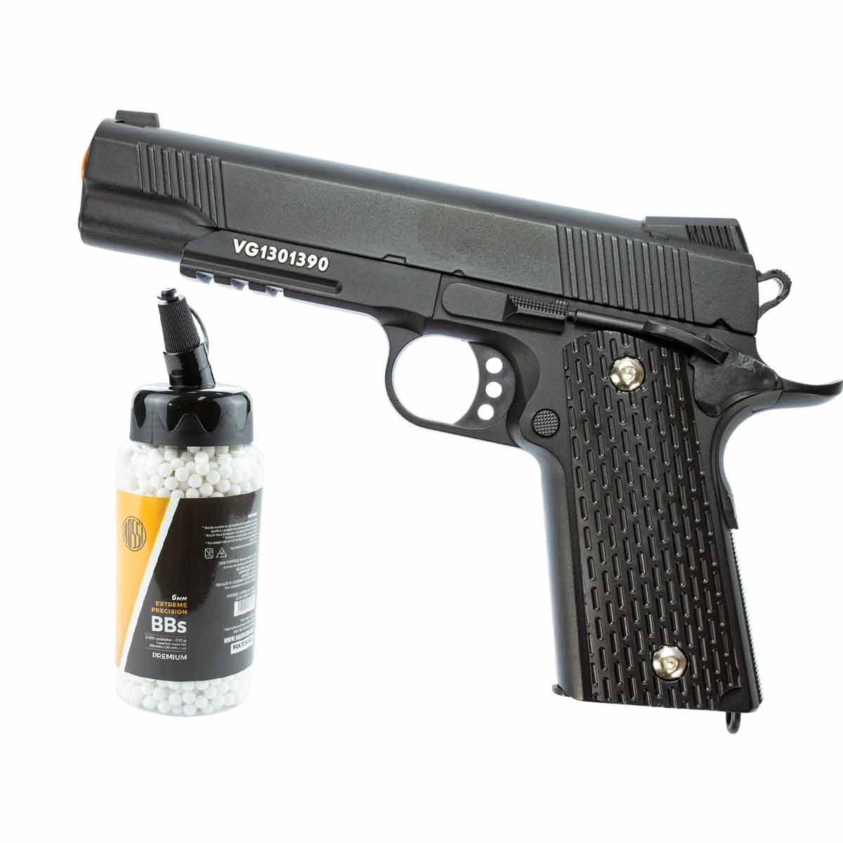 Pistola Airsoft Spring Vigor 1911 V13 Black Full Metal 6mm +Airsoft BBs 0.12g Rossi 2000 Unidades