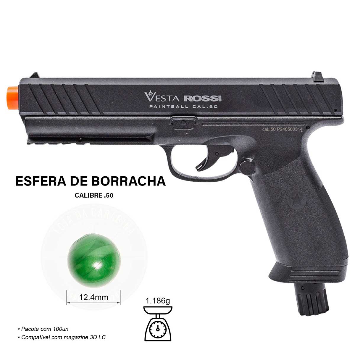 Pistola CBT 50 Home Defense LTL .50 Paintball + 100Un Esfera de Borracha + 10x Cilindros Co2