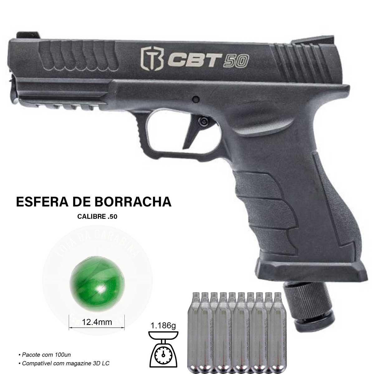 Pistola CBT 50 Home Defense LTL .50 Paintball + 300Un Esfera de Borracha + Case de Armas Curtas + 10