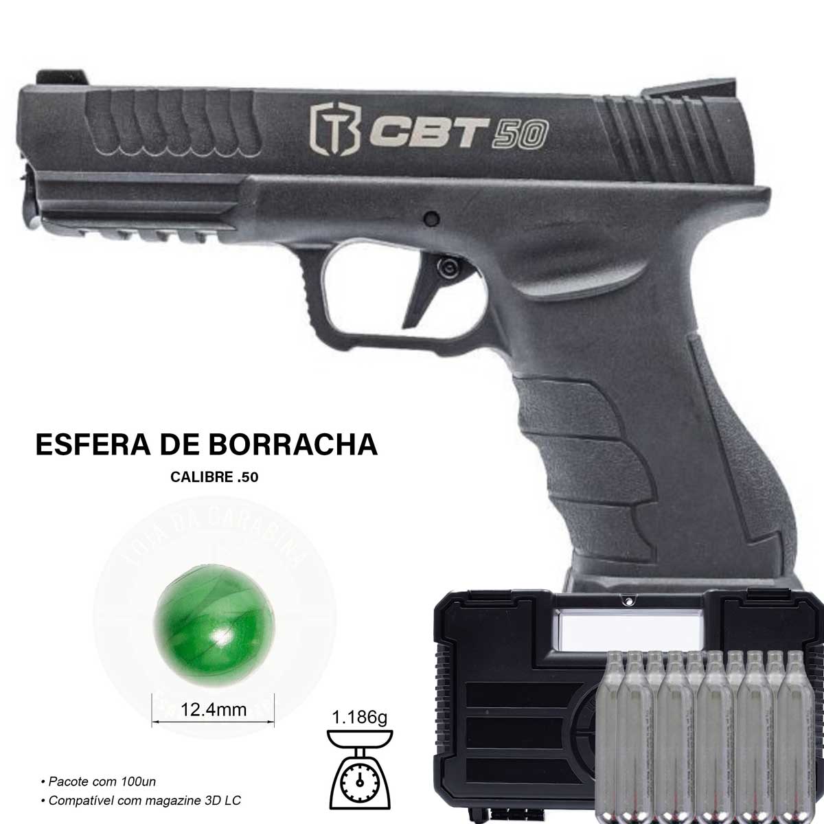 Pistola CBT 50 LTL .50 Paintball + 300Un Esfera de Borracha + Case + 10x Cilindros