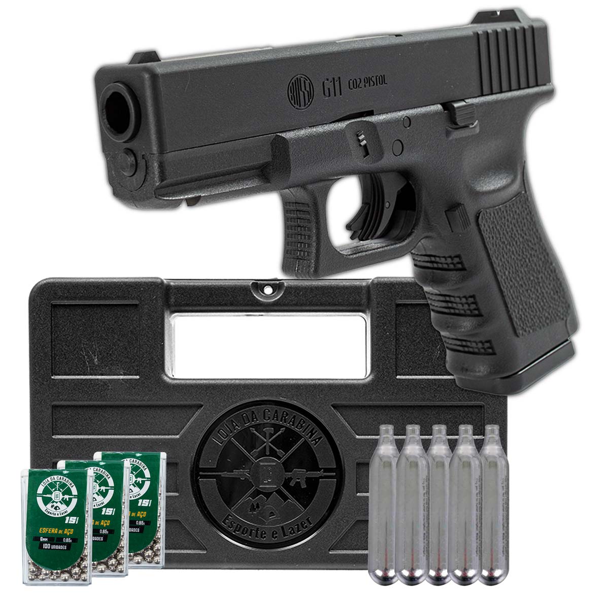 Pistola de Pressão CO2 Glock G11 Rossi 6mm + Case Rígida + Esferas de Aço + CO2