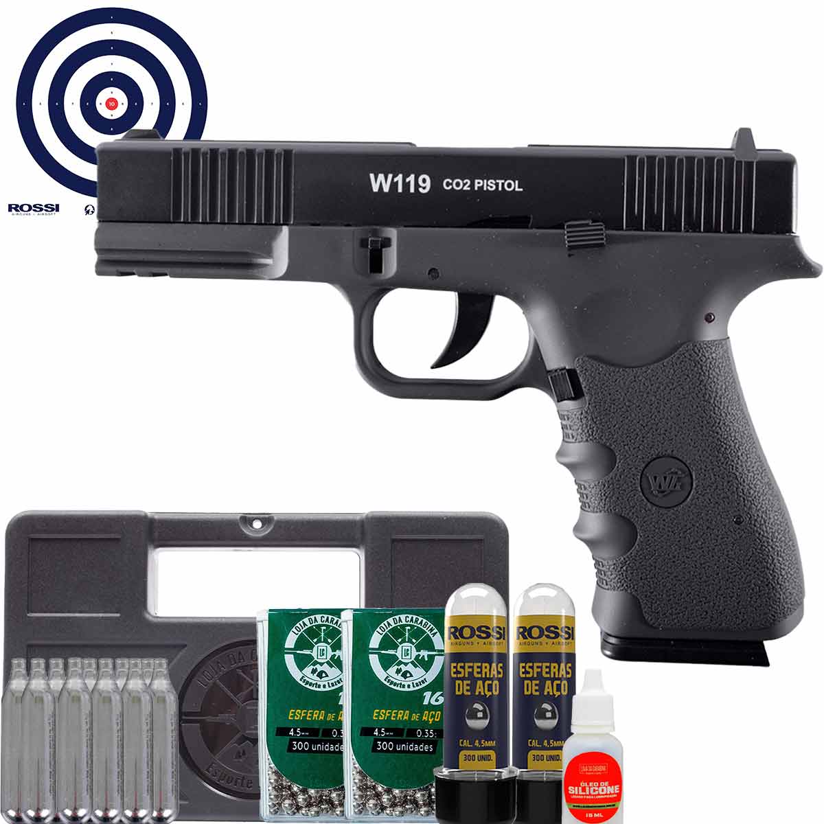 Pistola CO2 Glock W119 BlowBack 4.5mm + Maleta + CO2 + KIT Esferas + Oleo + Alvos