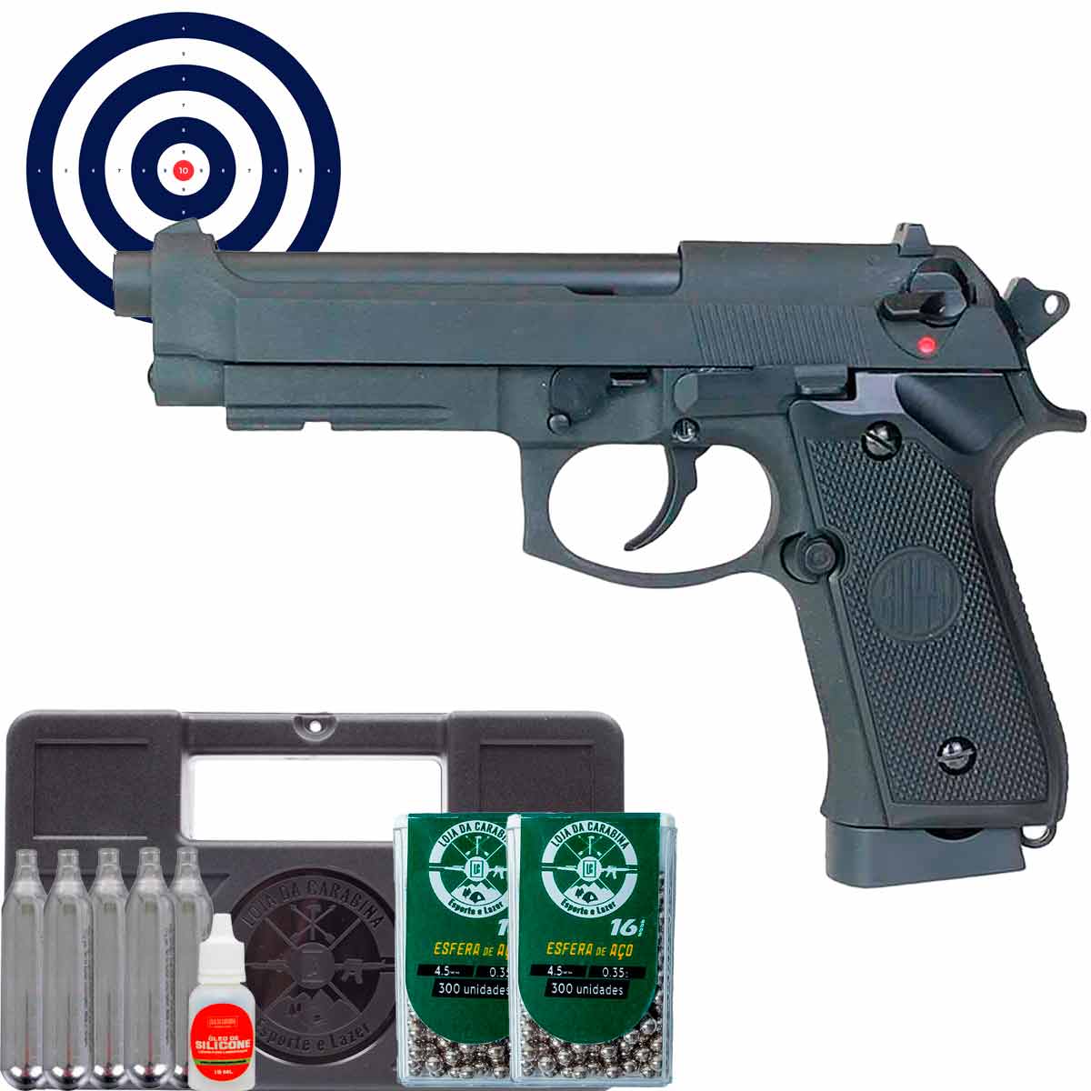 Pistola Co2 Rossi Beretta M92 Full Metal BlowBack 4.5mm + Maleta + 600Un Esferas + Óleo + Co2 + Alvos