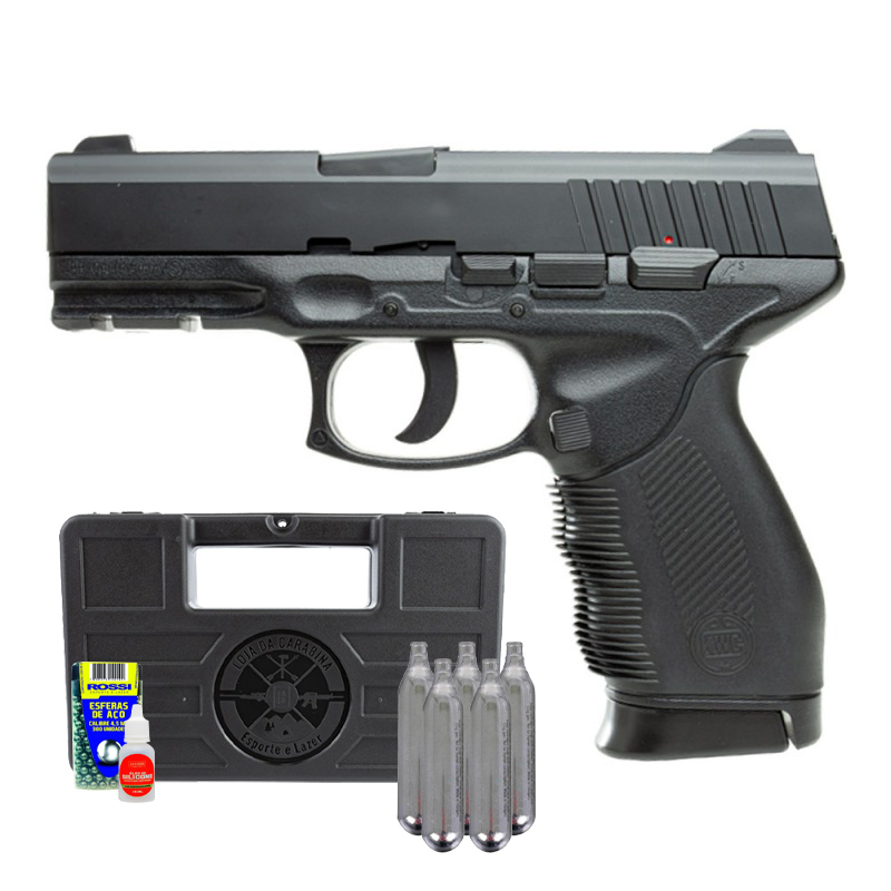 Pistola 24/7 Co2 KWC 4.5mm + Esfera de Aço + Cilindros + Case + Silicone