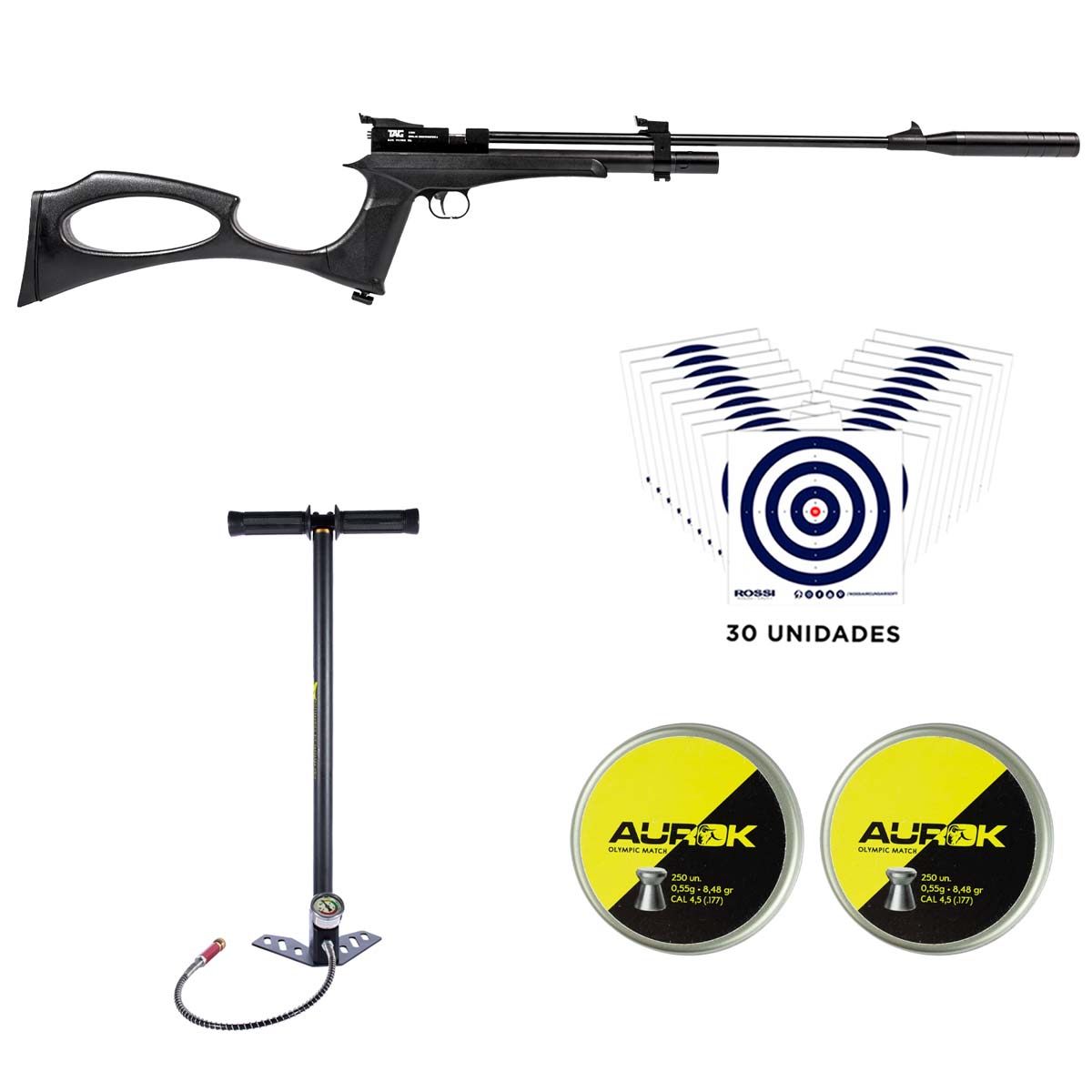 Pistola PCP TAG Air Viper XL 4.5mm + Bomba Manual PCP + Chumbinhos Aurok Olympic + Alvos