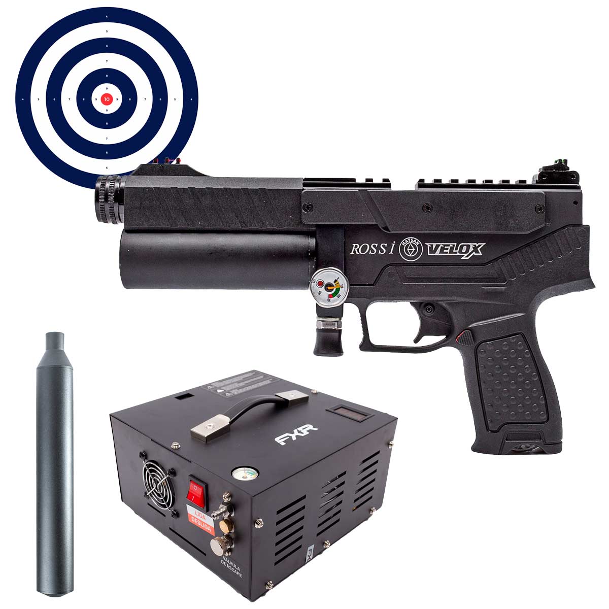 Pistola PCP Hatsan Velox Semi Auto 6.35mm + Supressor + Compressor Portátil + Alvos