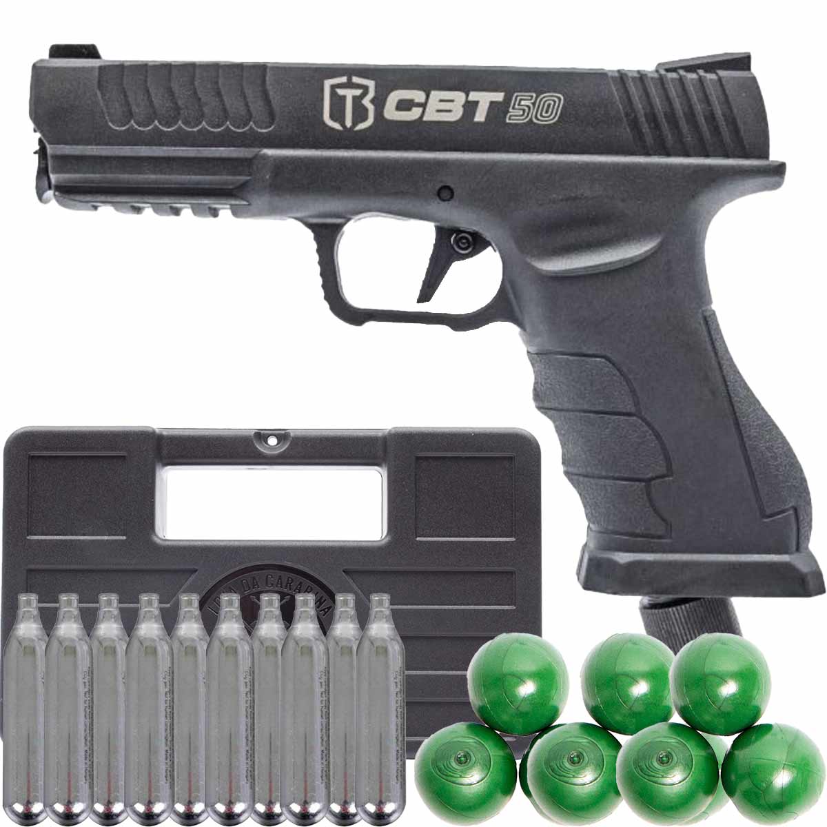Pistola Pressão CBT 50 LTL .50 Paintball + 300Un Esfera de Borracha + Case + 10x Cilindros