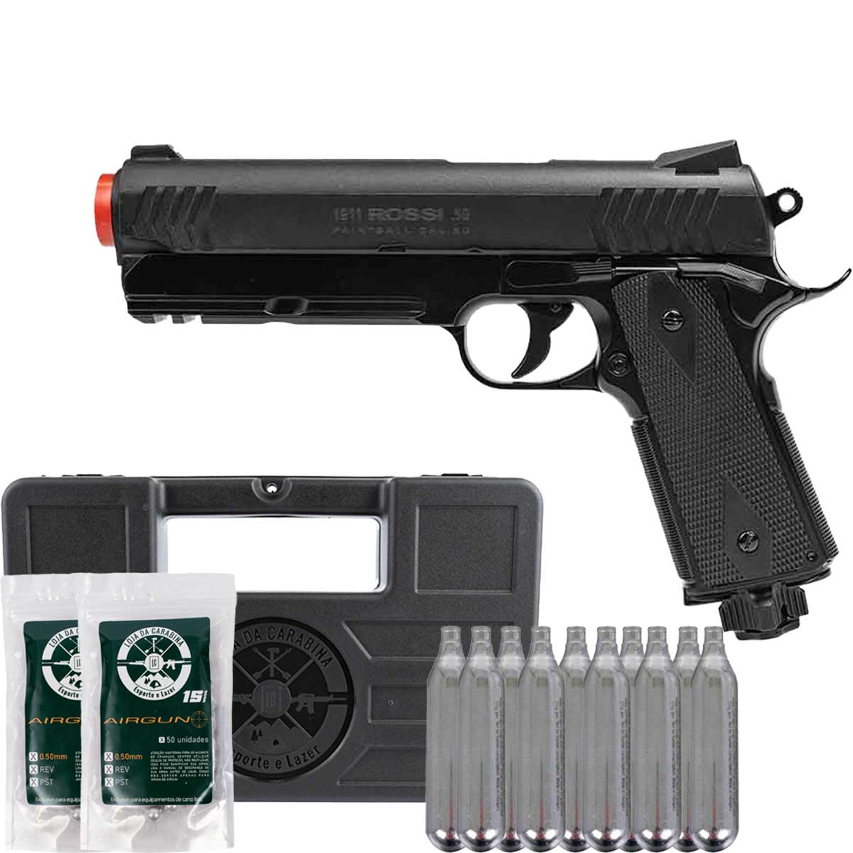 Pistola de Pressao .50 Rossi 1911 + 100 Un Esferas de Alumínio .50 + Cilindro + Case Armas Curtas