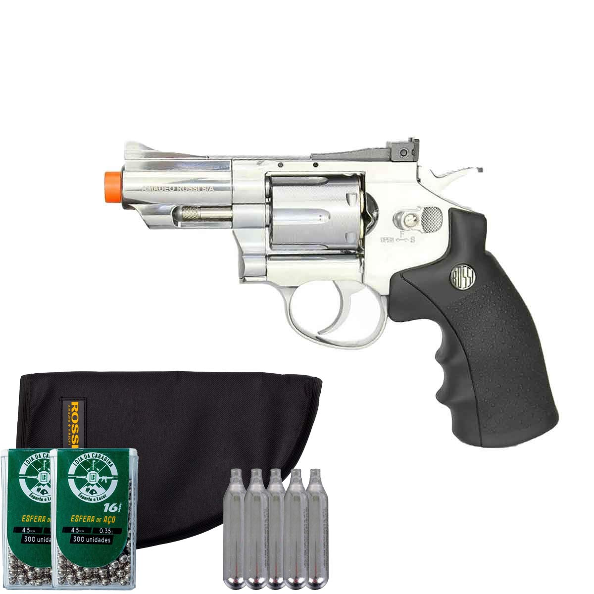 Revolver Rossi de Pressão Co2 708S 2" 4.5mm + Cilindro Co2 12g + Esferas de Aço 4.5mm + Capa LC
