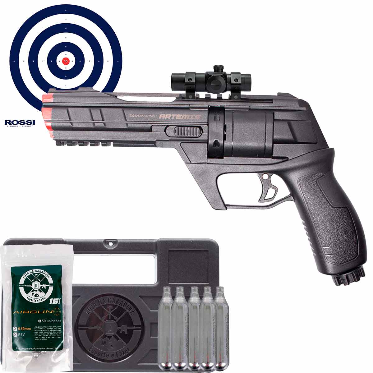 Revolver CO2 Artemis CP300 Defender .50 + Maleta + Red Dot T1 + CO2 + Municao .50 + Alvos