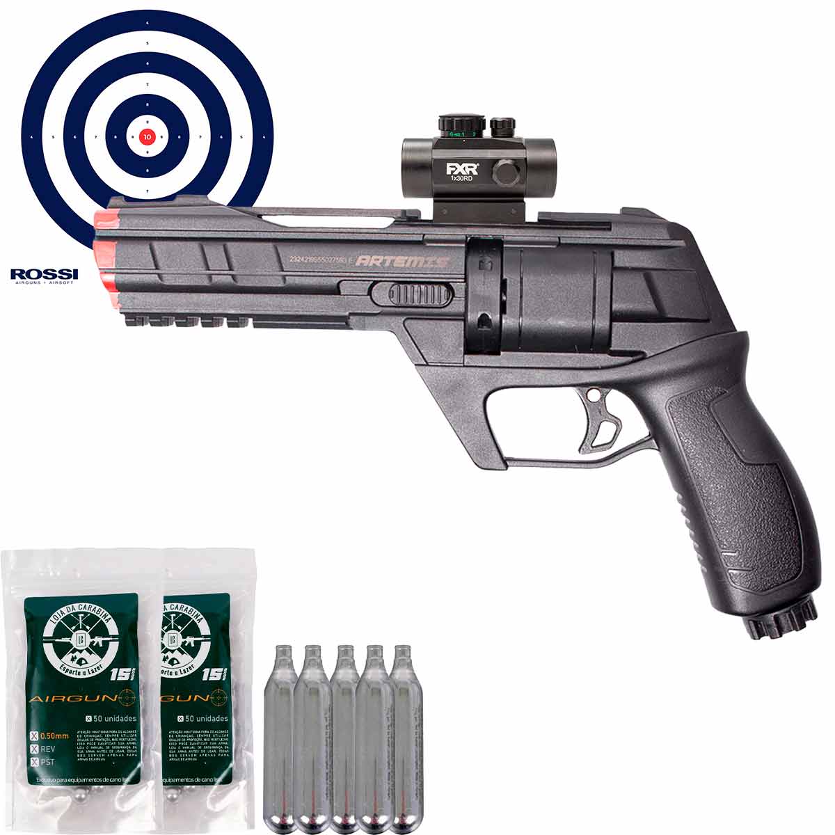 Revolver CO2 Artemis CP300 Defender .50 + Red Dot 1x30 FXR + CO2 + Esferas + Alvos
