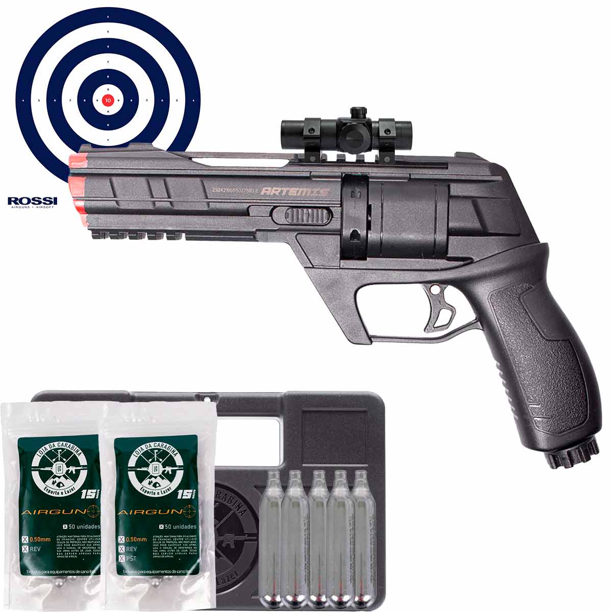 Revolver CO2 Artemis CP300 Defender .50 + Red Dot T1 + CO2 + Esferas + Municao .50 + Alvos