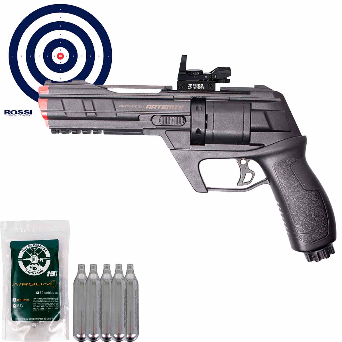 Revolver CO2 Artemis CP300 Defender .50 + Red Dot Z1 1x22x34 + Municao .50 + CO2 + Alvos