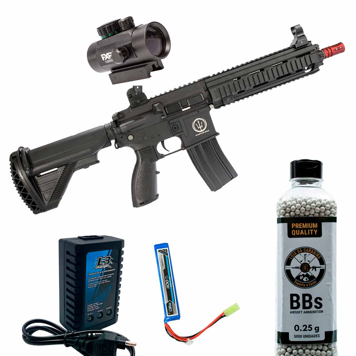 Rifle Airsoft Neptune Rossi HK416 + Carregador + Bateria + Red Dot 1x30 RGD + 5000Un BBs