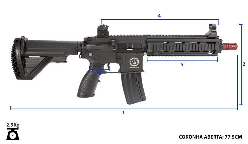 foto com medida do rifle de airsoft neptune 416 rossi