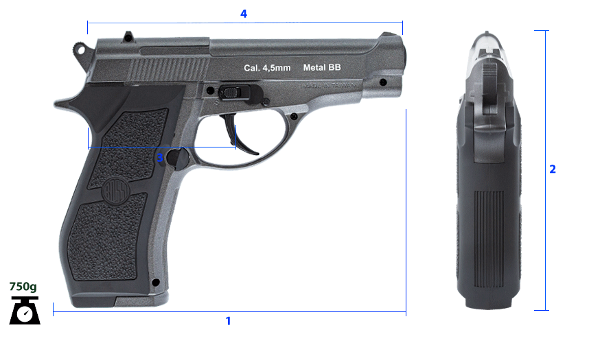 Tamanho da Pistola W301 Co2 Wingun Medidas