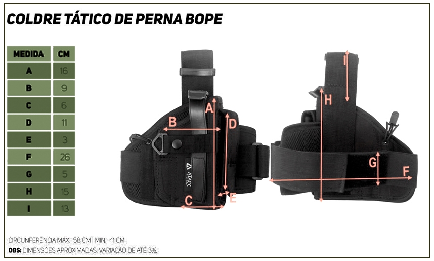 Coldre canhoto para Perna Tabela de medidas Coldre Bope Perna
