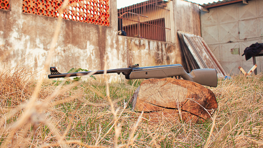 AG11 CBC arma de pressao sobre tronco de arvore em meio ao mato seco